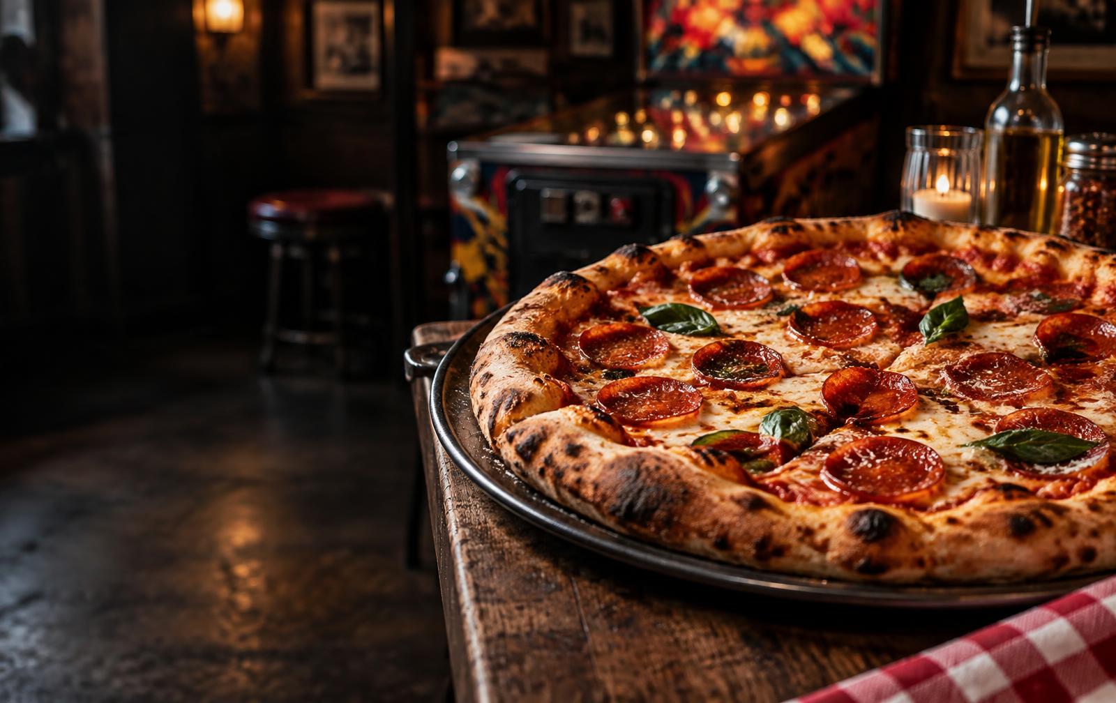 Freshly baked pizza in a lively pinball pizzeria